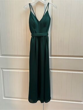 David's Bridal Deep Green Double-Strap V-Neck Maxi Dress with pockets